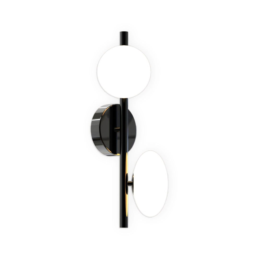 Multi light wall sconce with frosted glass discs arranged in staggered layout on a slim metal rod.