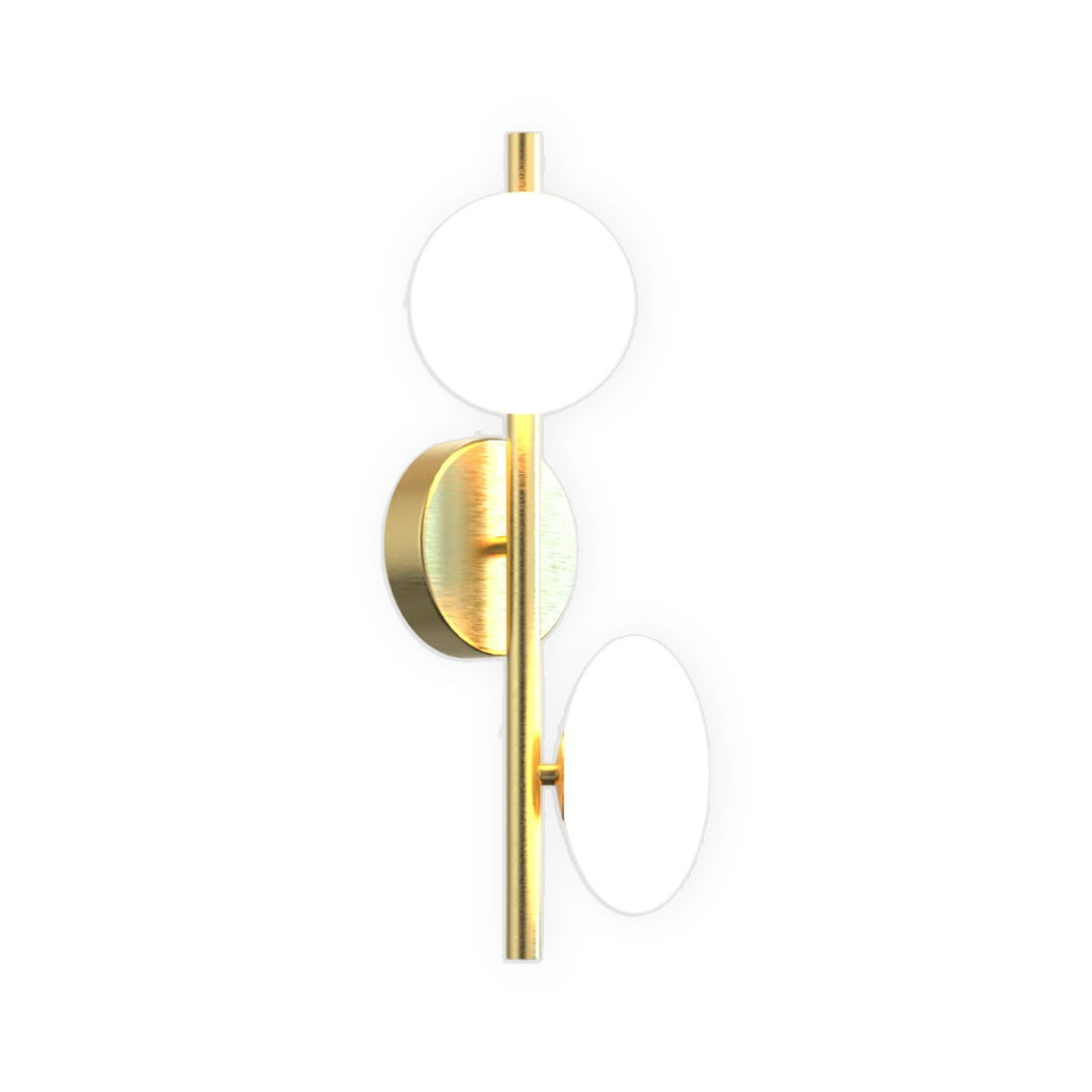 Multi light wall sconce in gold finish with round glass shades in a contemporary product display.