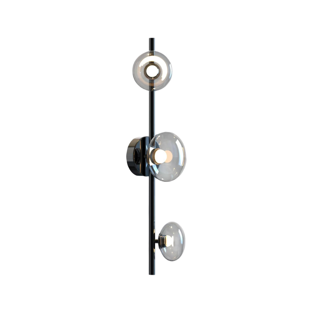 Multi light wall sconce with vertical alignment of circular glass lights and sleek modern frame.