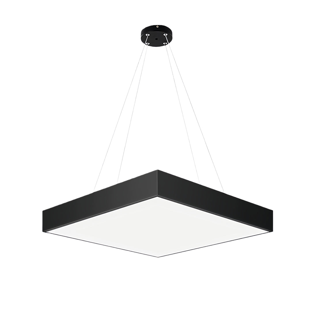 Modern black chandelier with multiple geometric panels, offering a striking light display for stylish interiors.