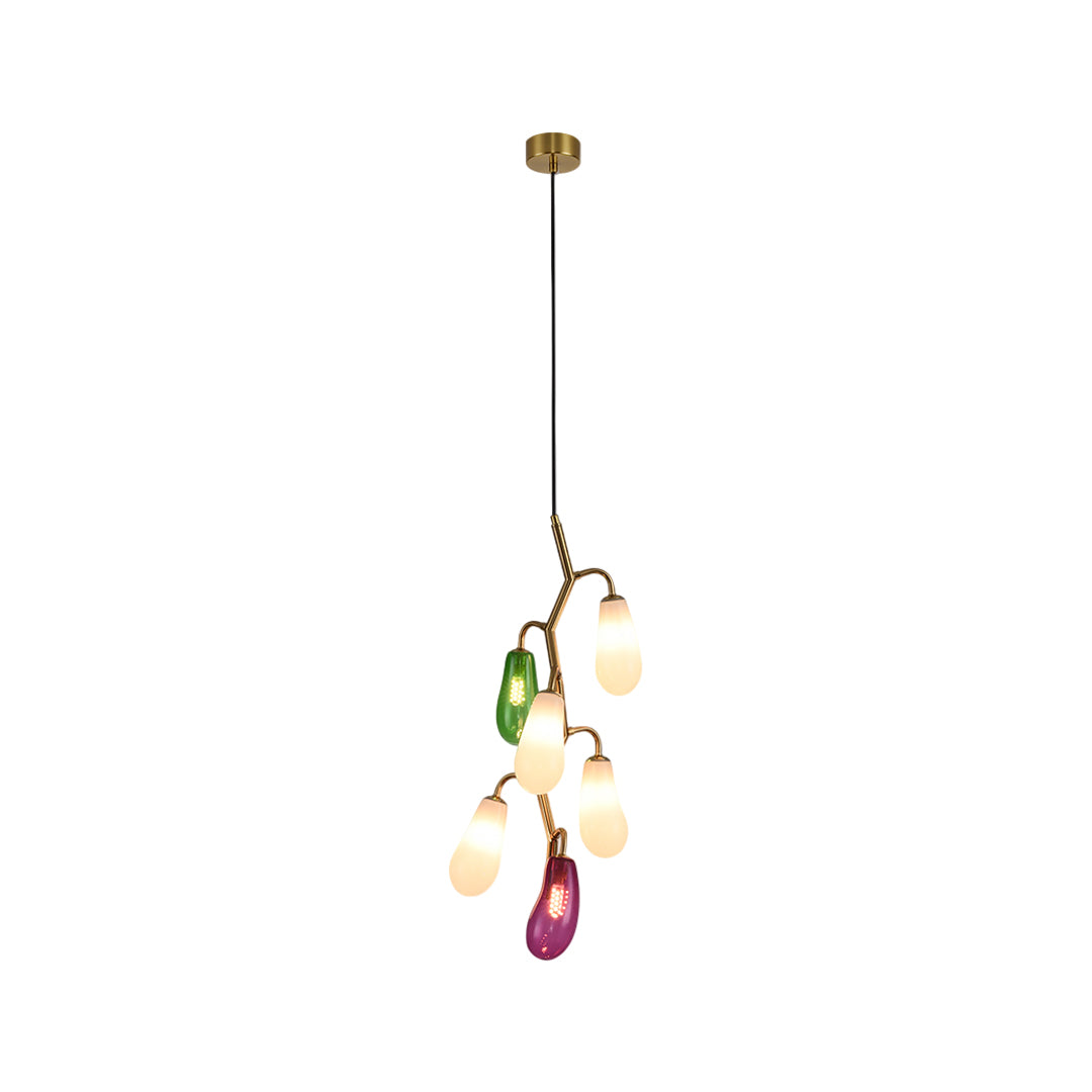 Five-light multi pendant fixture with cascading glass shades.
