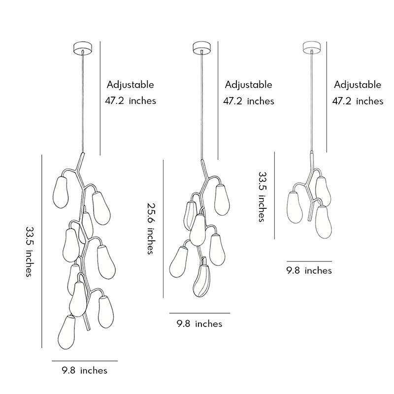 Dimension diagram of multi pendant light fixture showing height and adjustable length.