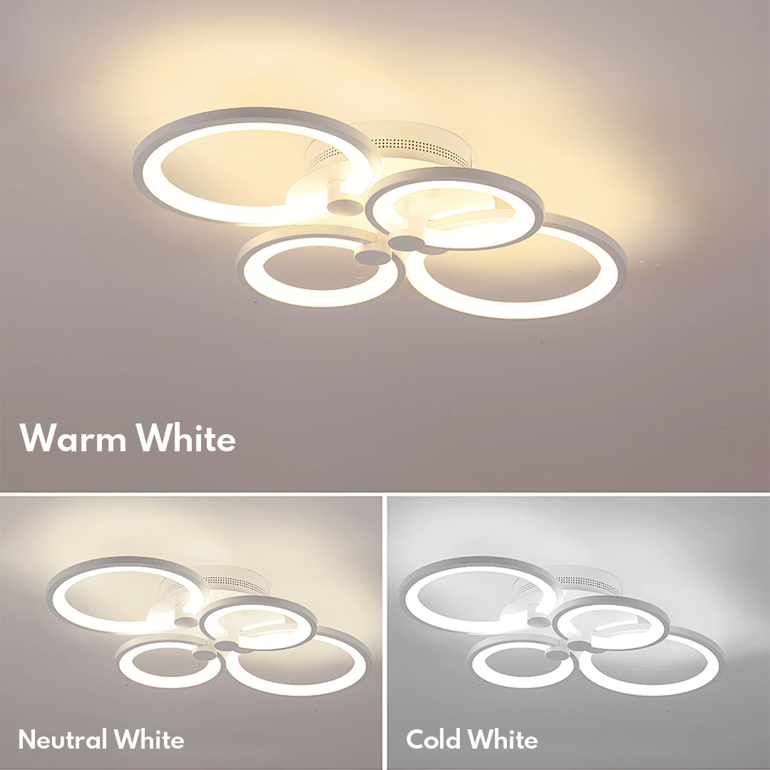 Lighting mode comparison showing warm white neutral and cold multi ring ceiling lights effects.
