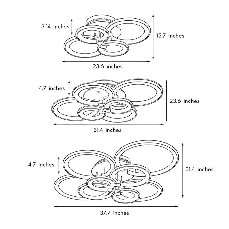 Technical dimension drawing showing installation size of multi ring ceiling lights.