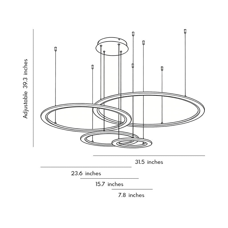 Technical dimension drawing illustrating installation size of a multi ring chandelier.