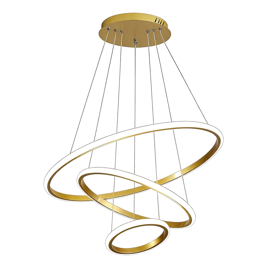 Multiple ring LED chandelier in gold finish isolated view.