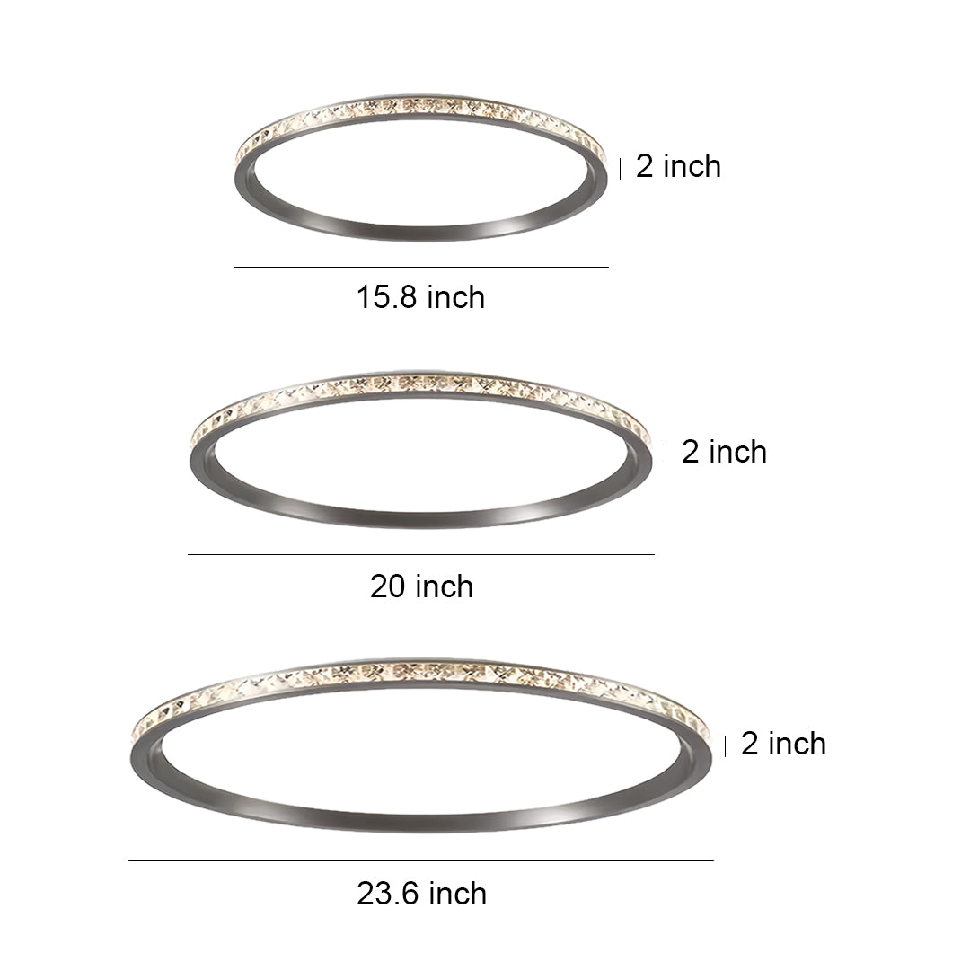 Round flush mount LED lights in multiple sizes with crystal accents and sleek metal rim design