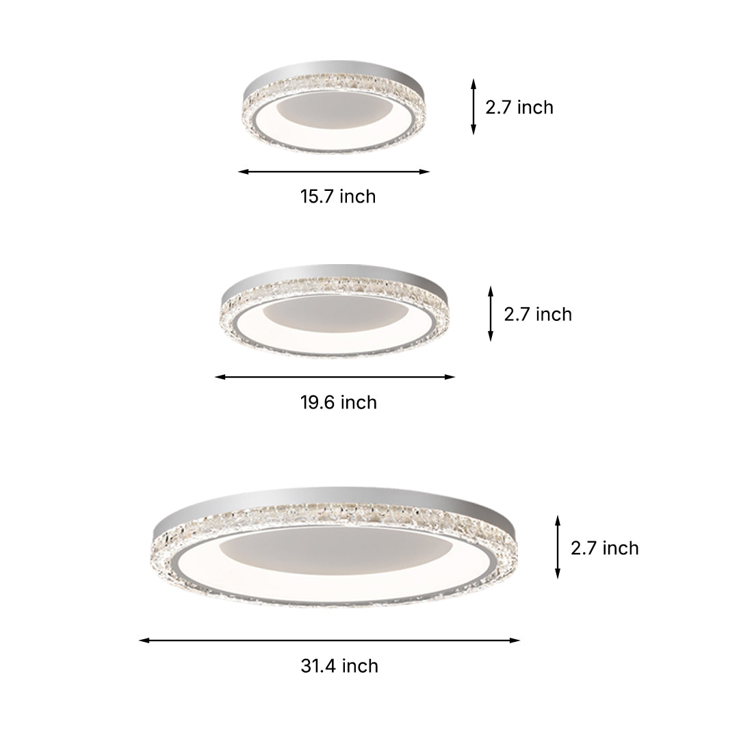Multi-size diagram showing three diameter options (15.7, 19.6, 23.6 inch) for the white flush mount ceiling light.