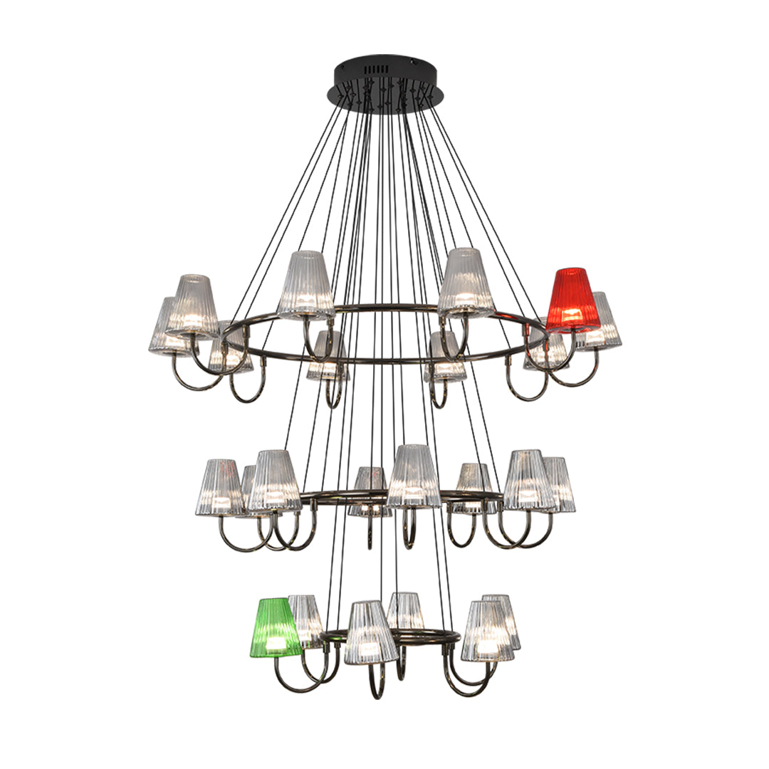 Multi-tier chandelier with sixteen glass shades creating dramatic lighting centerpiece
