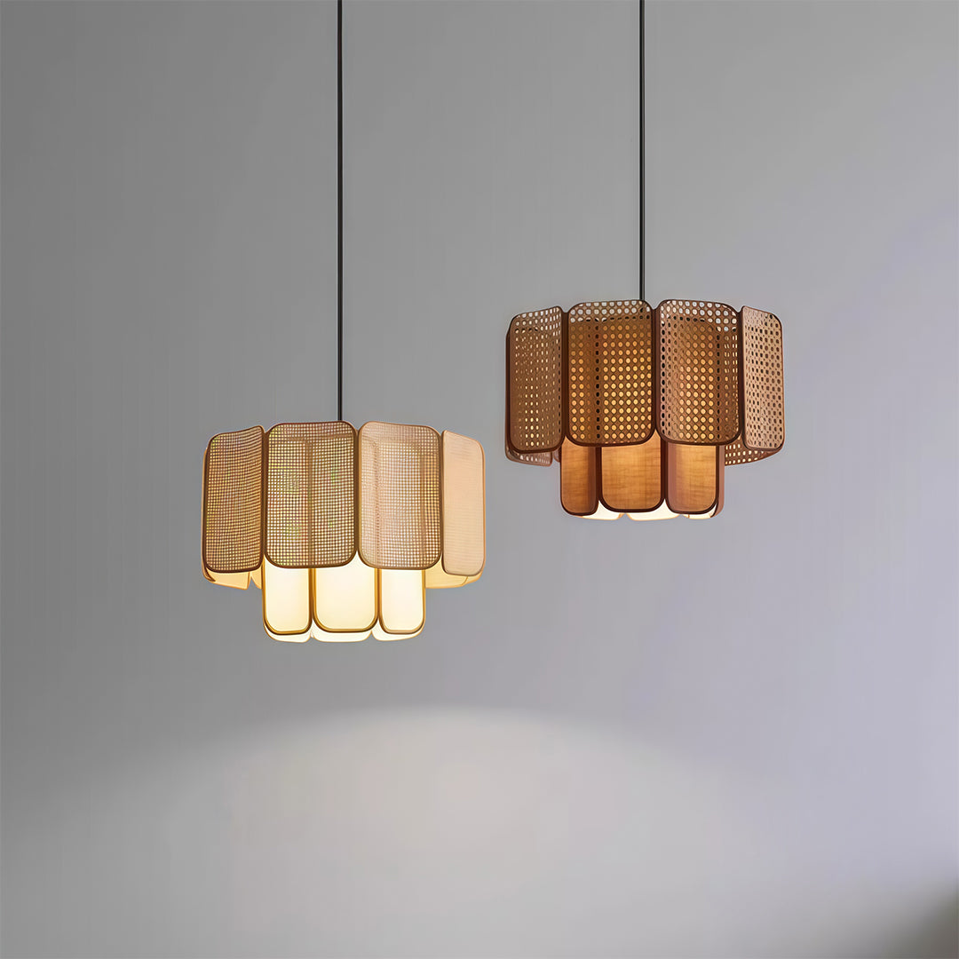 Bamboo pendant light fixture with a multi-tiered design, offering a stylish focal point in any modern interior.