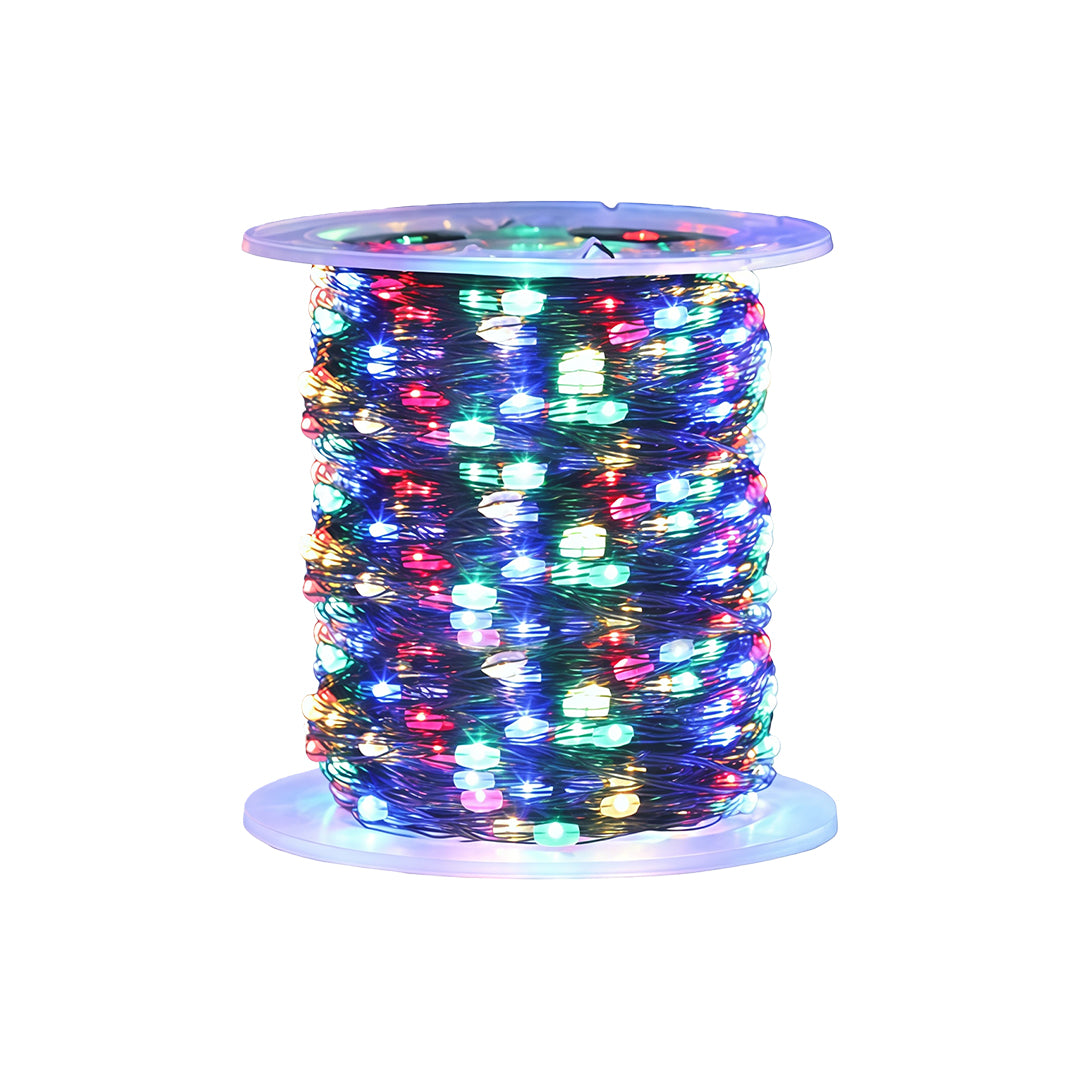 Multicolor green wire Christmas string lights wrapped neatly on a spool.