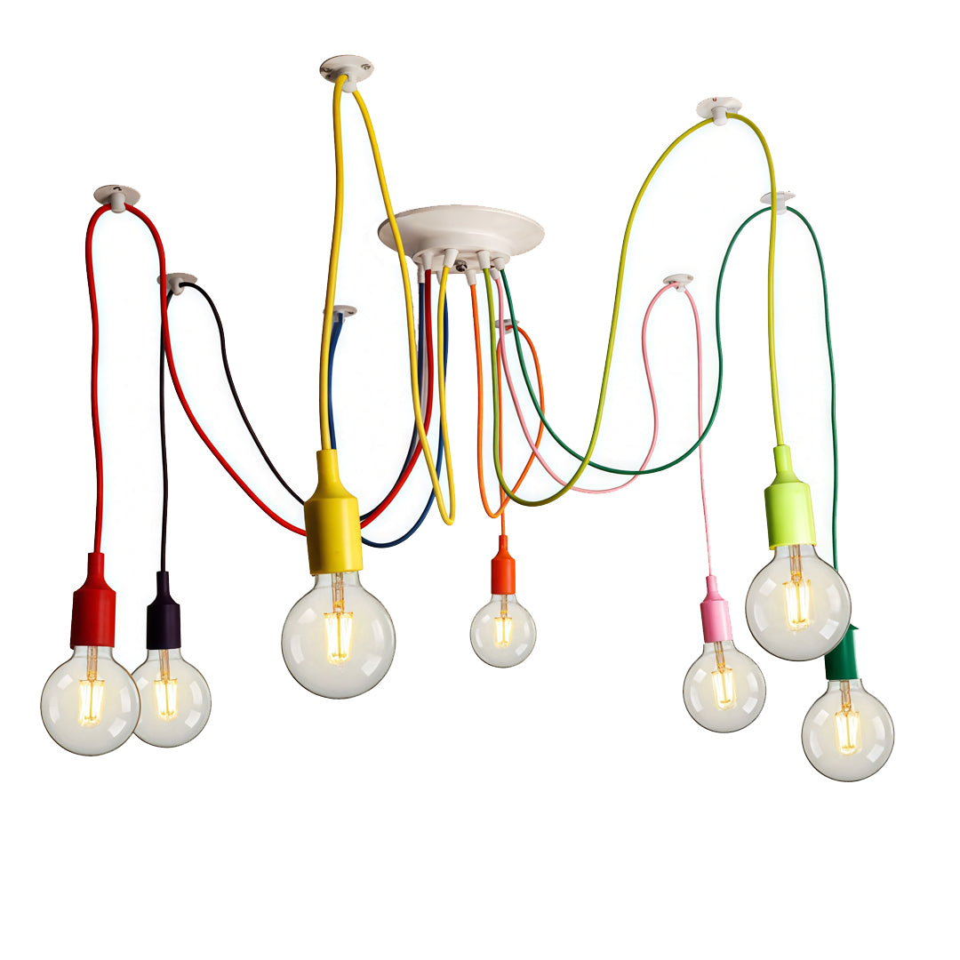Multicolored silicone DIY spider chandelier with adjustable hanging cables.