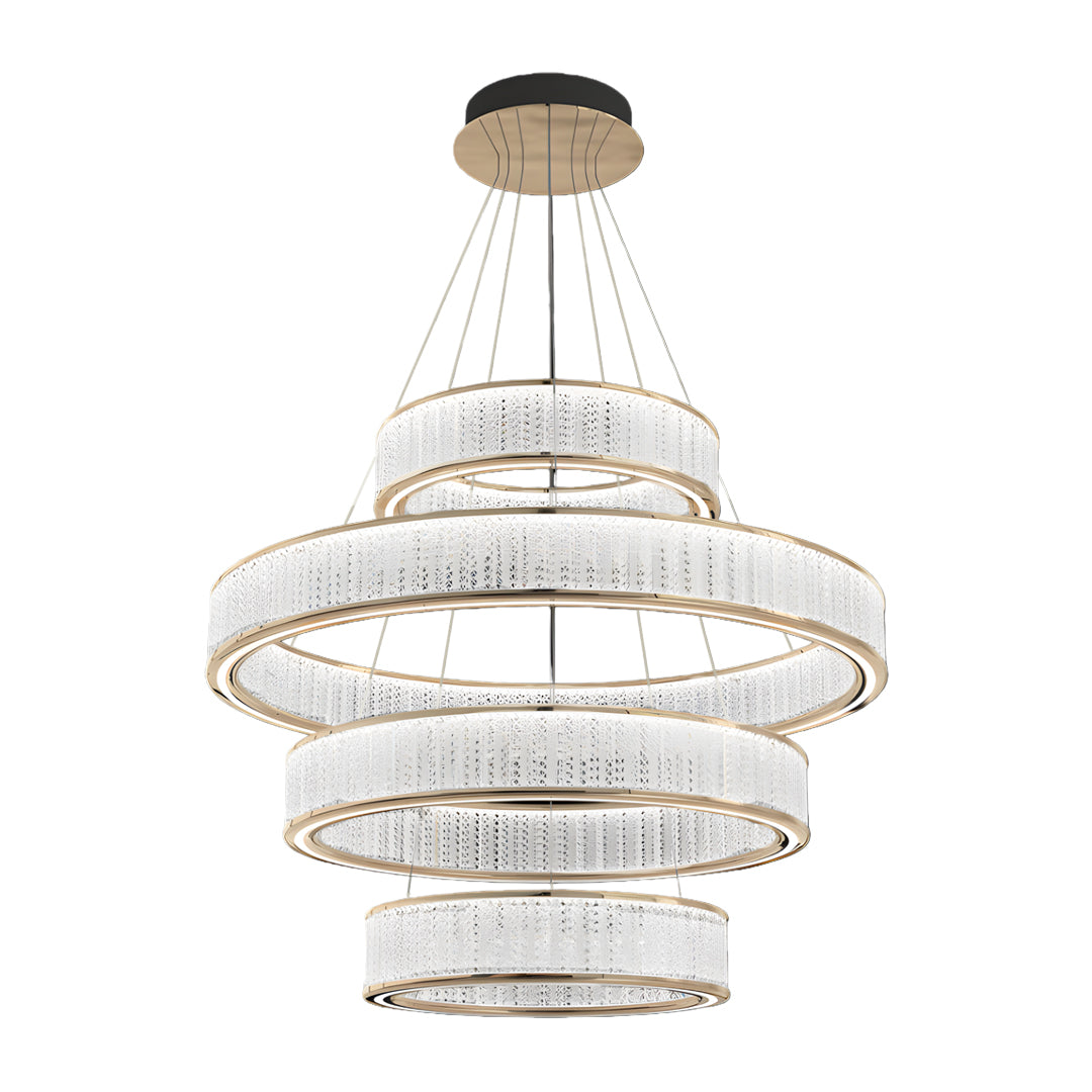 Multi-level large crystal chandeliers with four circular tiers featuring rectangular crystal glass elements in brass finish