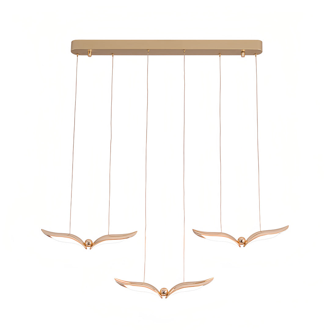 Multiple bird pendant light table creating elegant flock formation with wood details