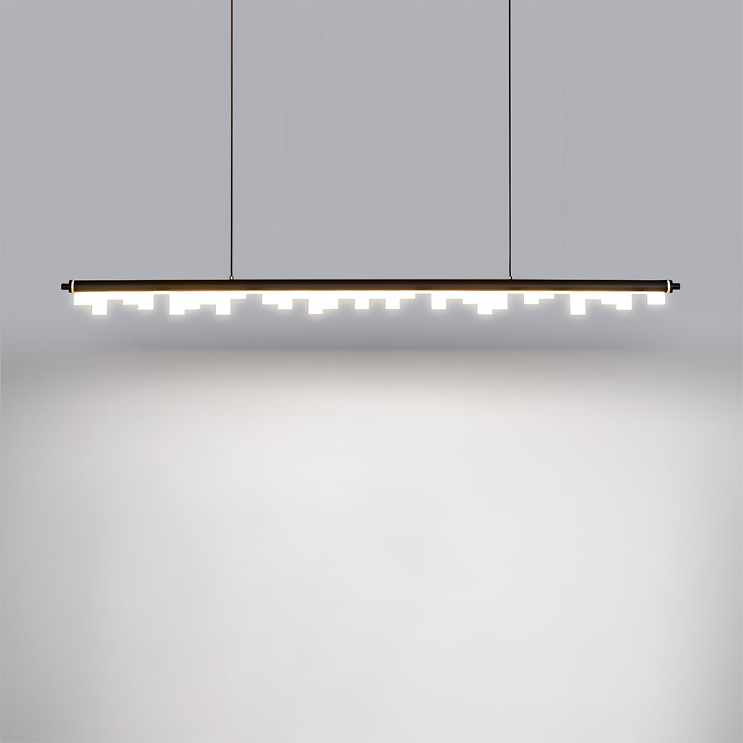 Multiple black metal pendant lights creating sophisticated lighting scheme in modern dining room