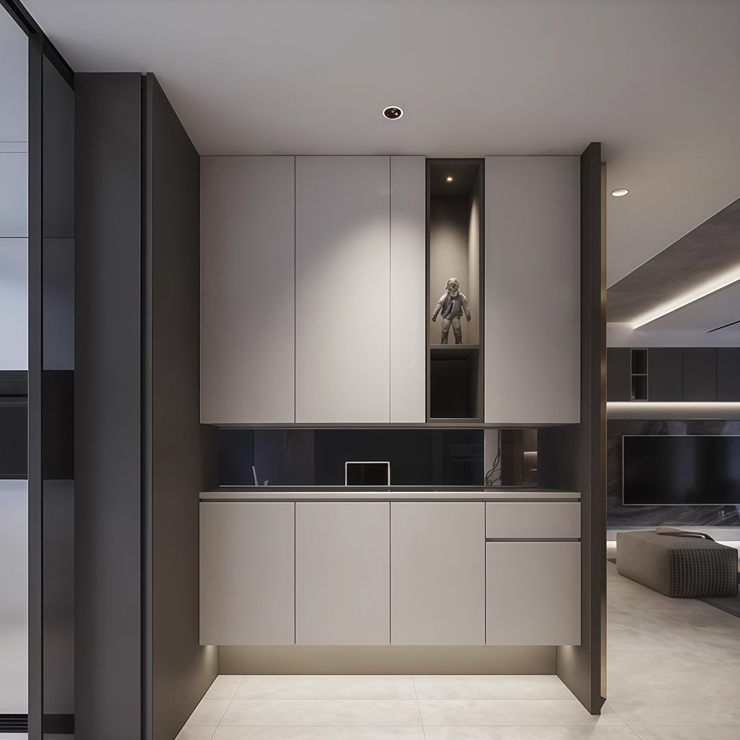 Multiple flush mount spotlights providing task lighting in sleek modern kitchen with dark and light cabinetry