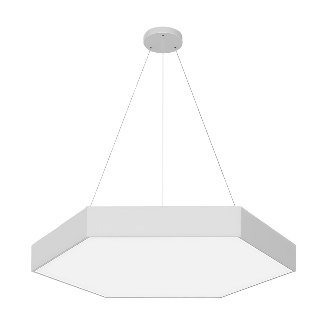 Multiple modern geometric chandeliers creating a bold and artistic lighting effect in a spacious interior.