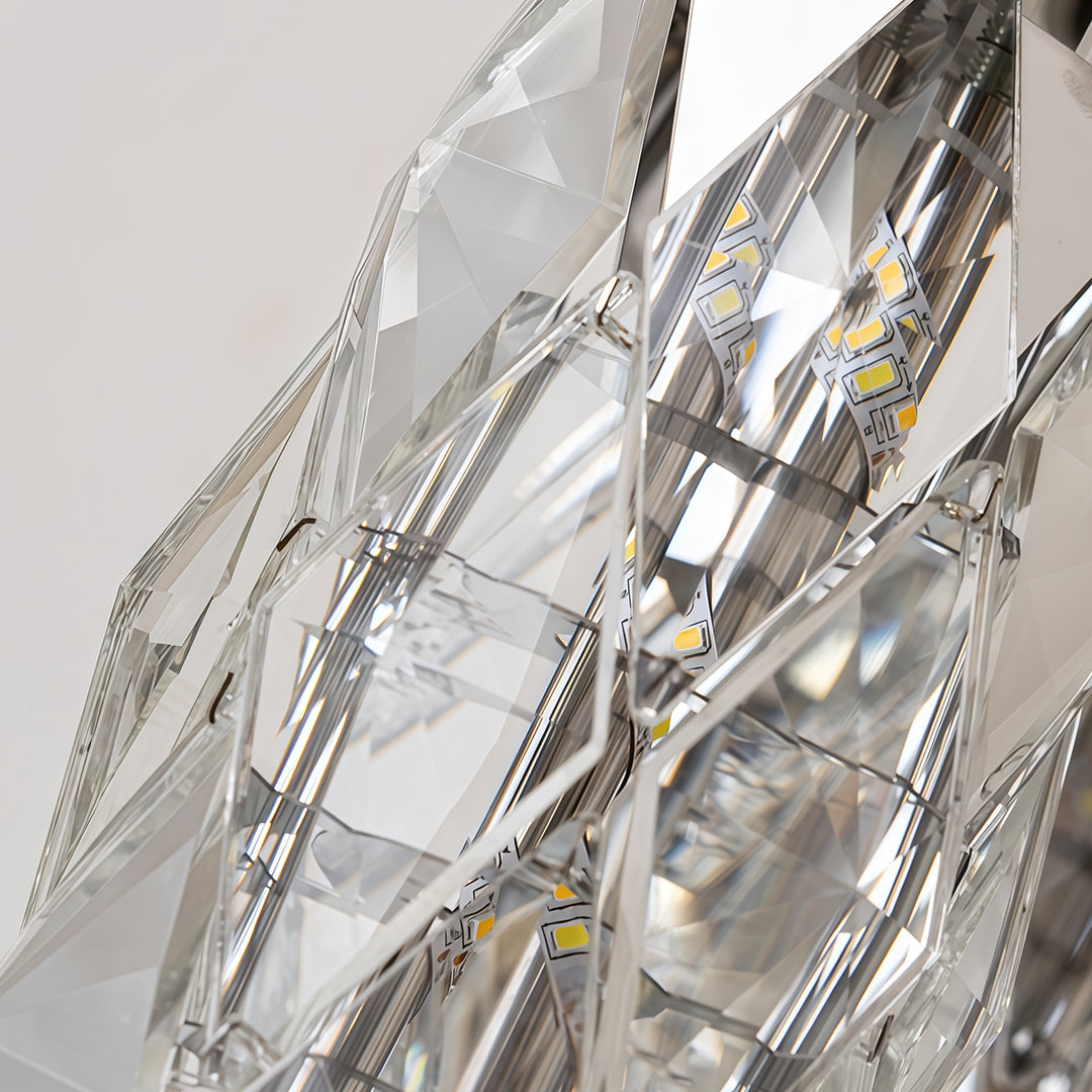 Multiple modern wall lights arranged in row creating dramatic lighting display on beige wall.