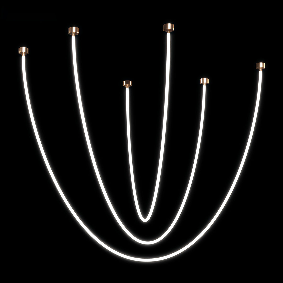 Multiple neon pendant lights with flowing curves creating dramatic cascading effect against black backdrop.