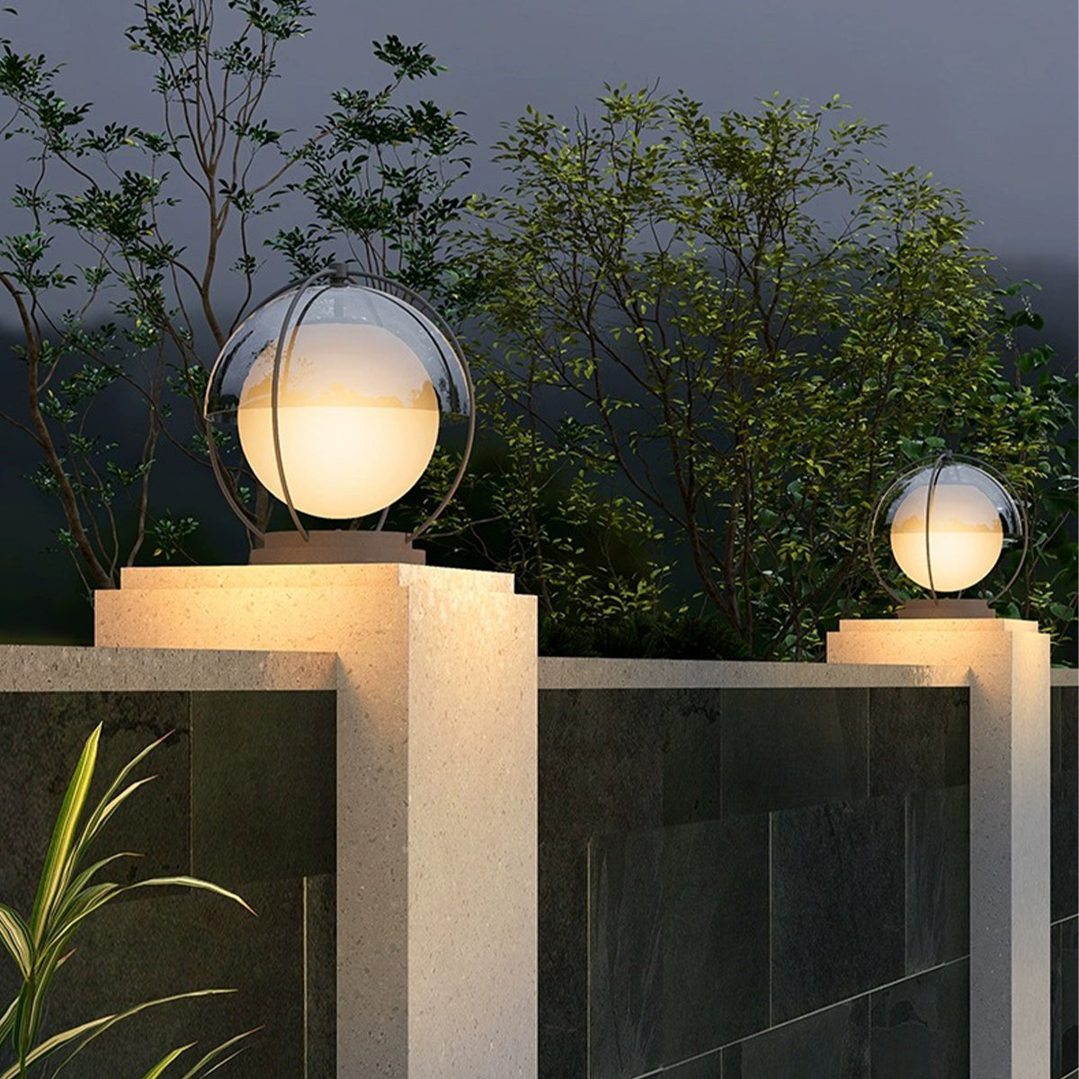 Multiple illuminated orb lights creating magical ambiance in modern outdoor garden setting
