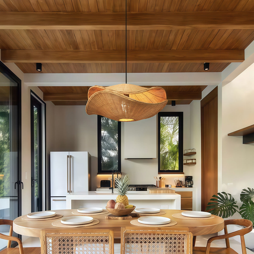 Multiple rattan pendant lights hanging above a dining table, providing unique and stylish lighting for the space.