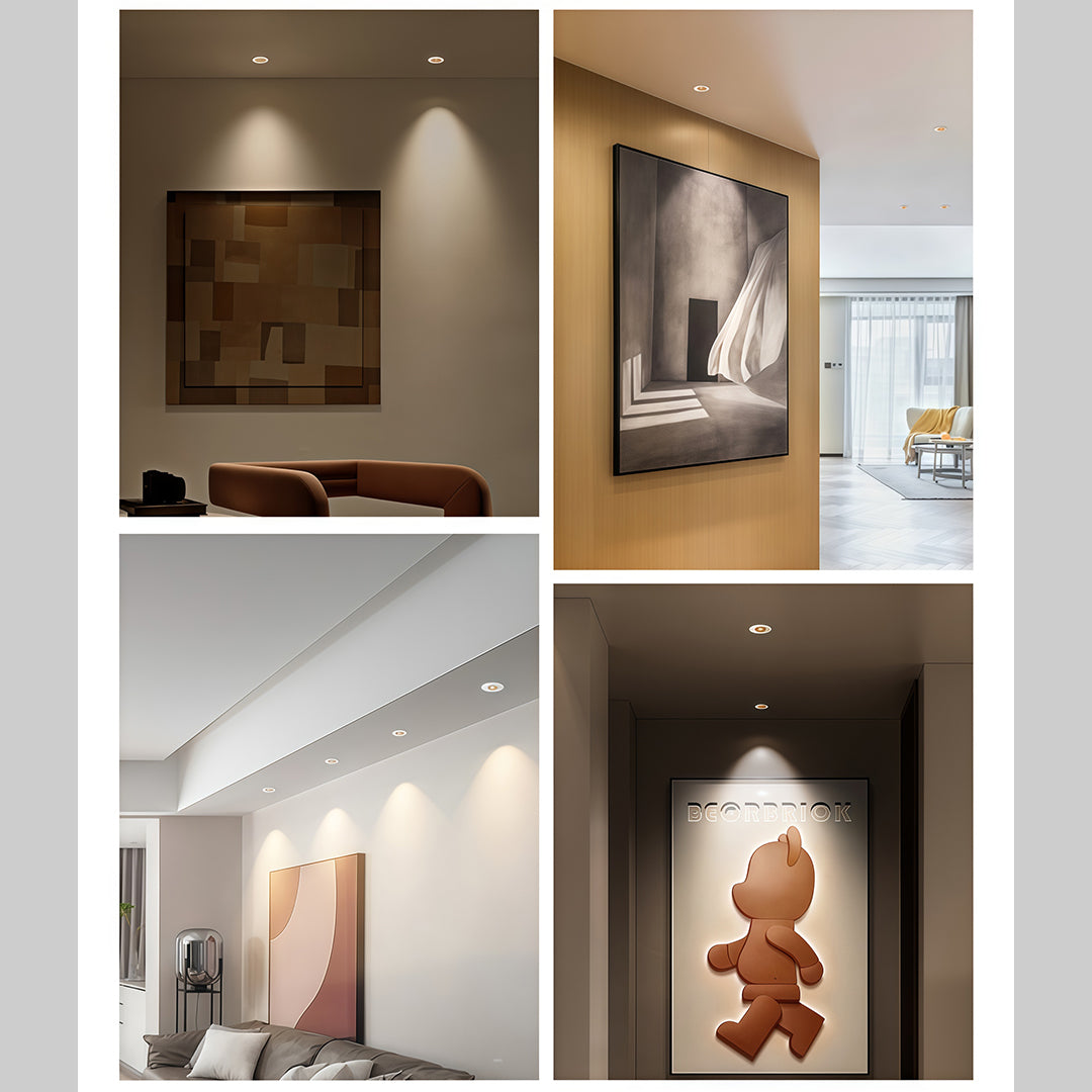 Multiple recessed LED ceiling lights providing ambient and accent illumination in residential interior
