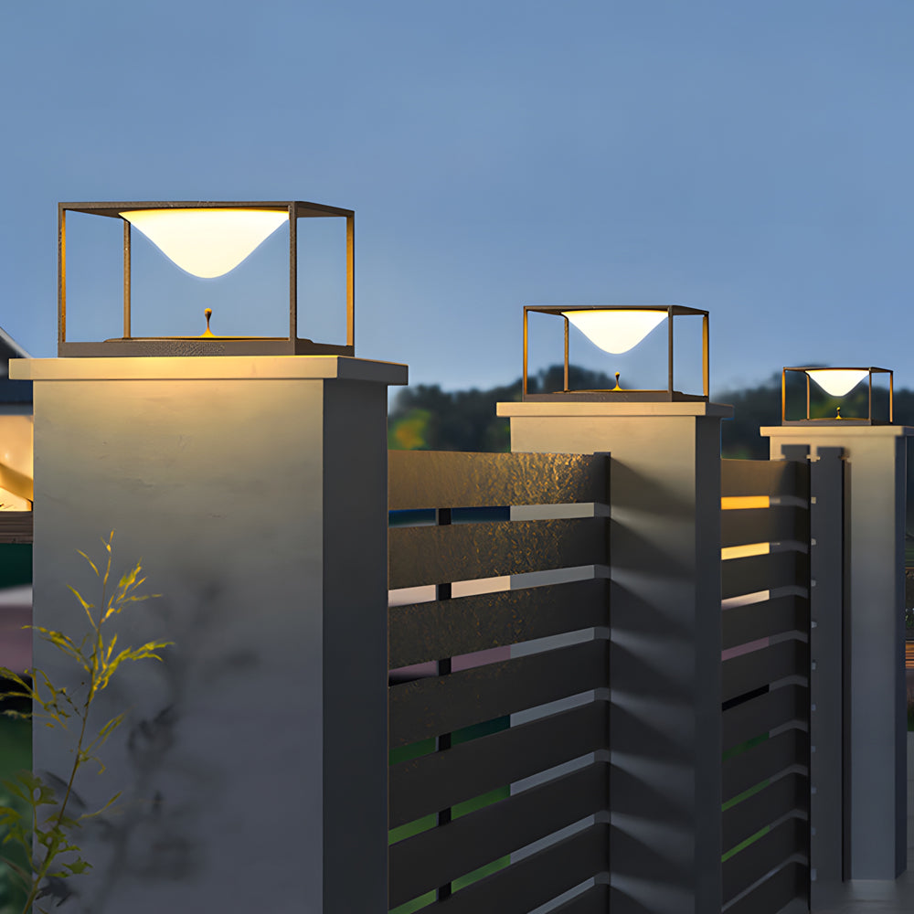 Silver Metal Table Lamp multiple pillar post lights arranged in sequence providing uniform pathway illumination at dusk