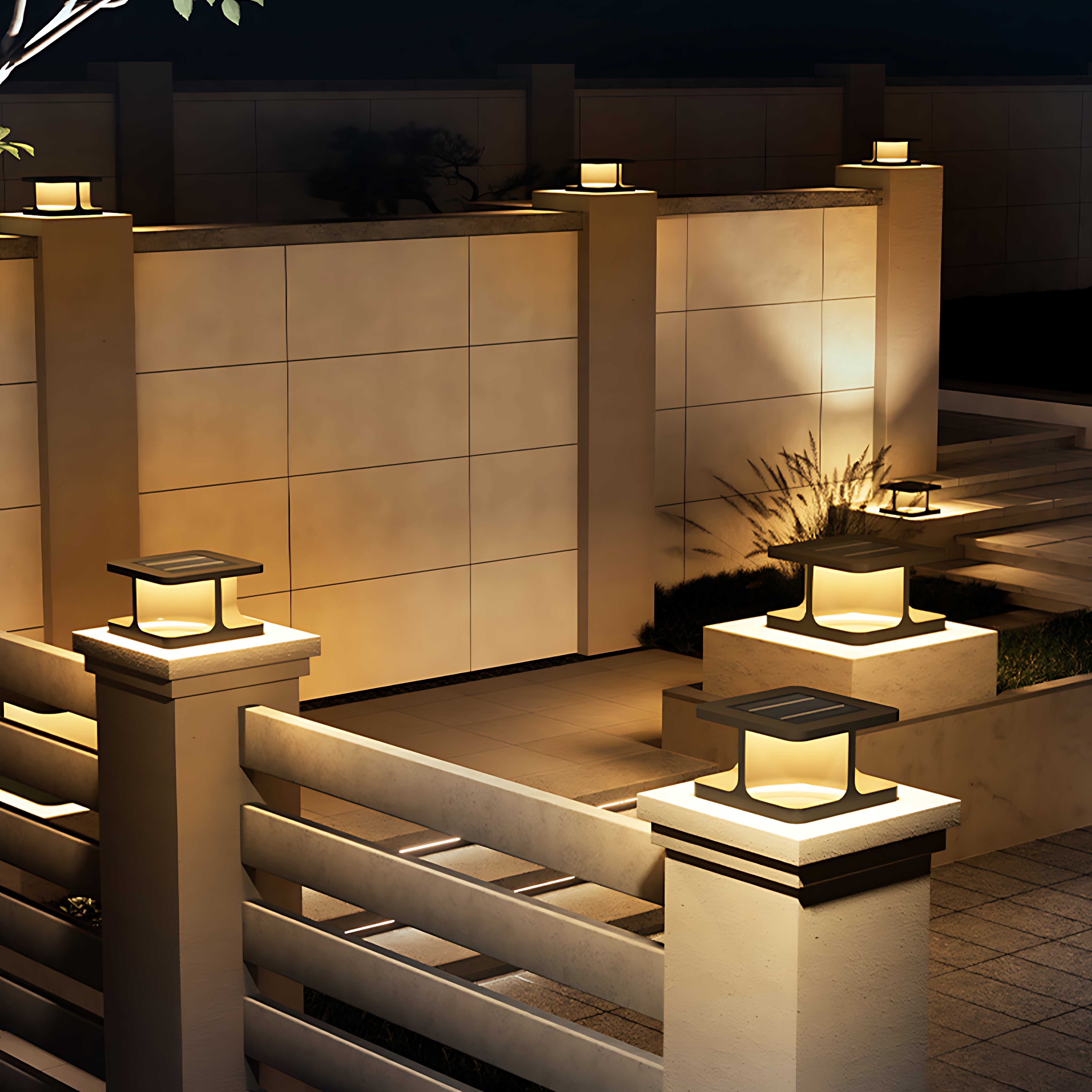 Multiple square pillar rechargeable table lamps providing dramatic evening lighting for commercial space