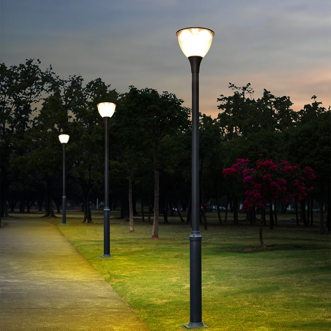 Multiple street lamps illuminating public park pathways with warm evening lighting