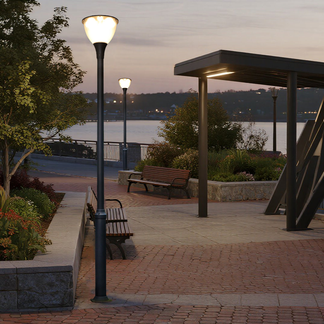 Multiple street lamps illuminating public park pathways with warm evening lighting
