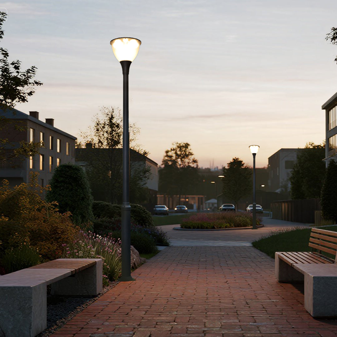 Multiple street lamps illuminating public park pathways with warm evening lighting
