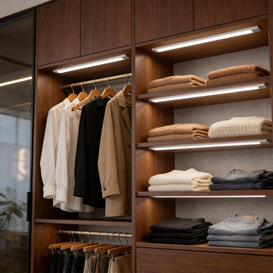 Wireless under cabinet lighting strips illuminating folded clothes in a large dark wood closet.
