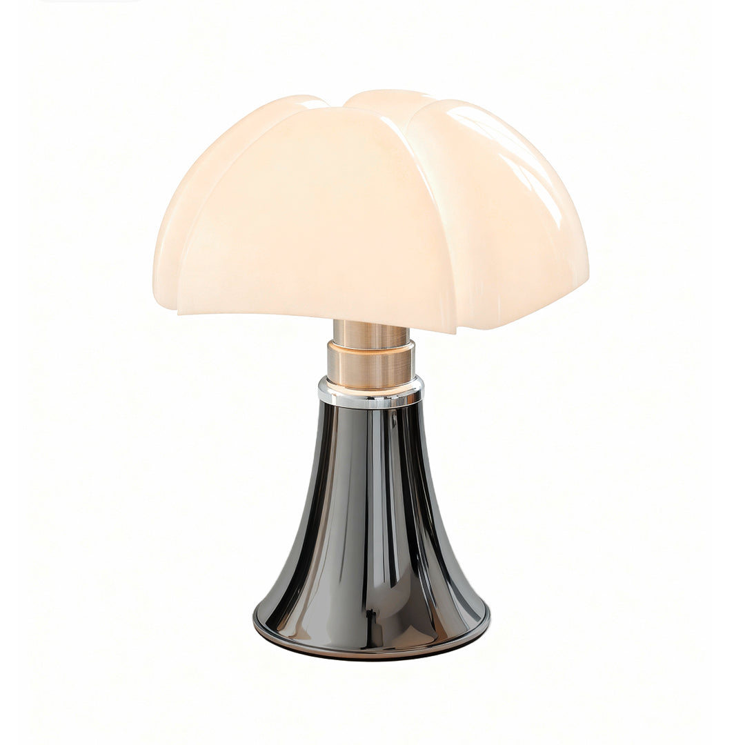 Mushroom Bauhaus table lamp with glossy black base and soft white shade, classic design.