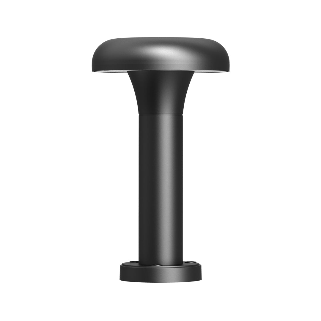 Black bollard light with wide mushroom cap top and cylindrical stem design