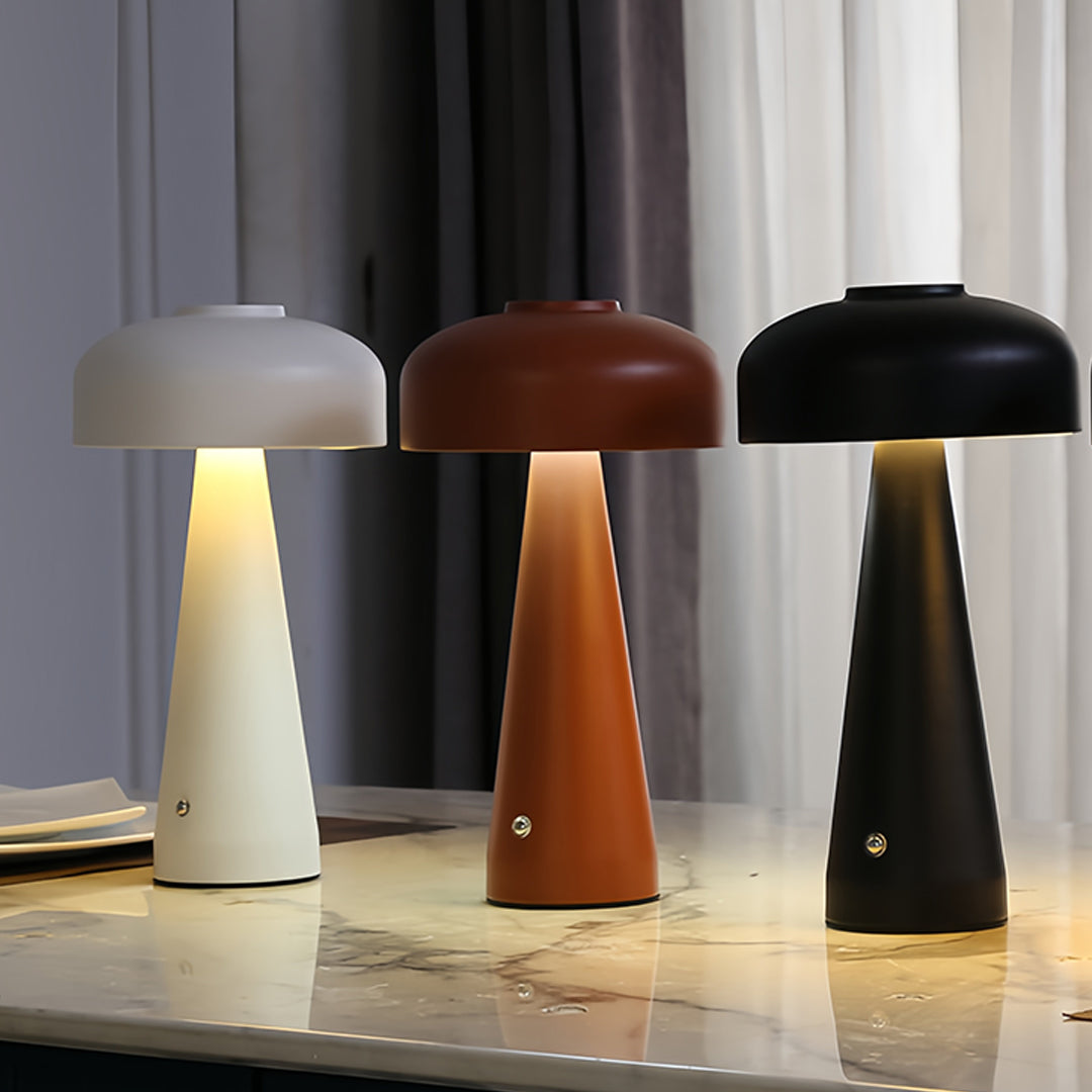 Modern interior showcase displaying small black pendant light collection in various mushroom finishes
