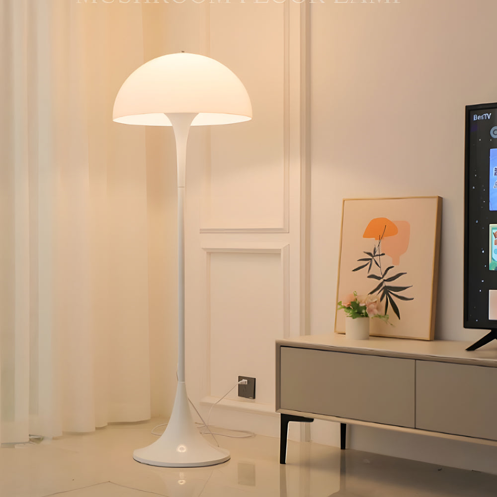 Close-up of a mushroom floor lamp showcasing its white dome shade and warm glow.