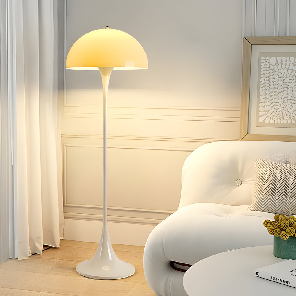Mushroom floor lamp with a white shade, enhancing the ambiance of a contemporary living room.