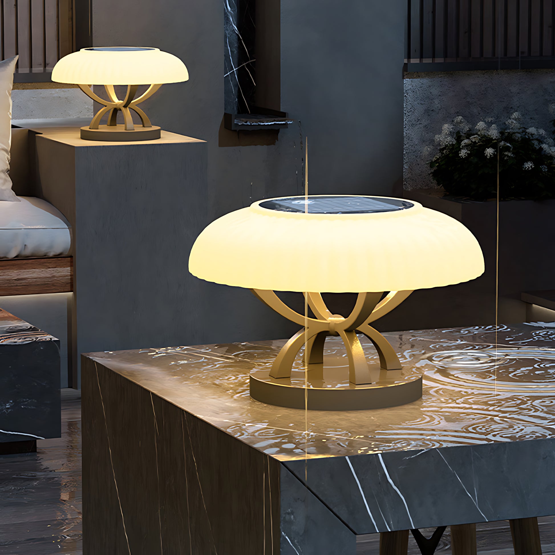 Contemporary hollow square pillar light with mushroom-shaped LED canopy creating warm ambient lighting on outdoor concrete surface