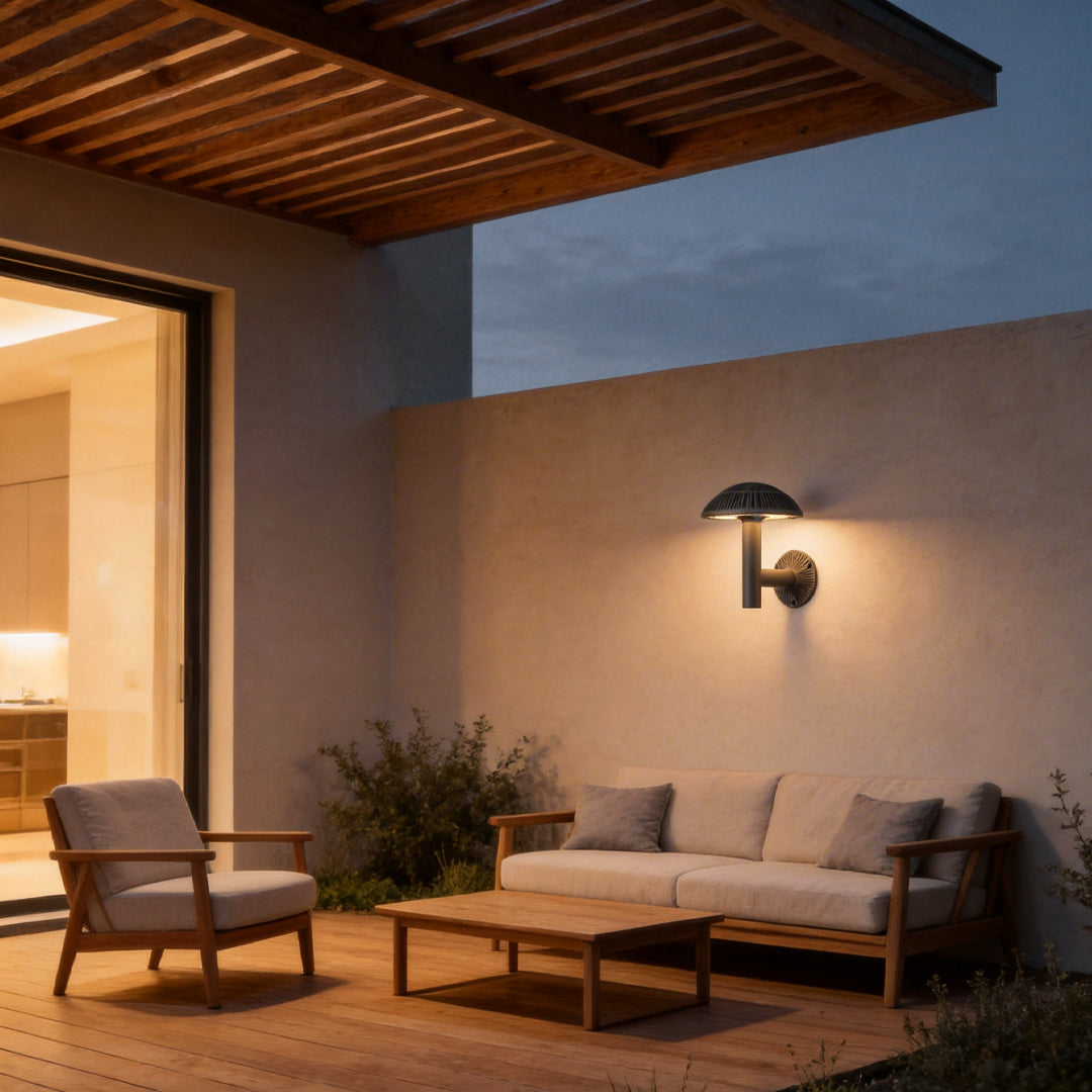 Mushroom landscape lights with a close-up of their sleek mushroom design in a garden.