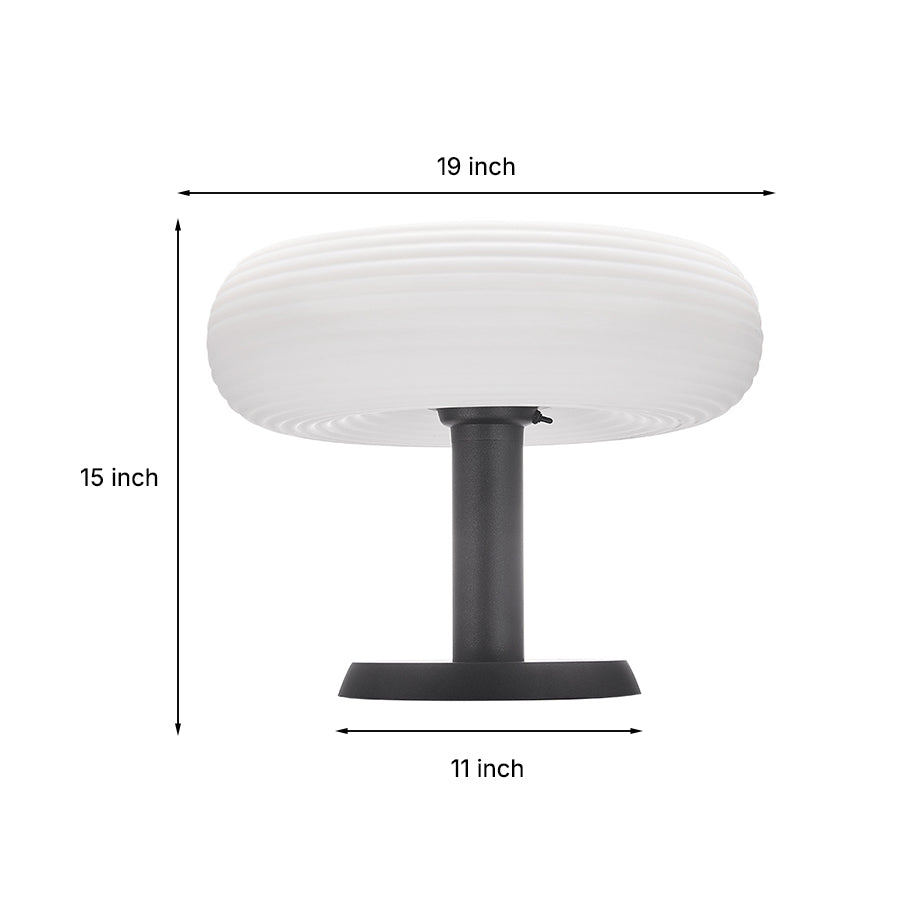 Technical drawing showing dimensions and specifications for modern mushroom-style outdoor light fixture