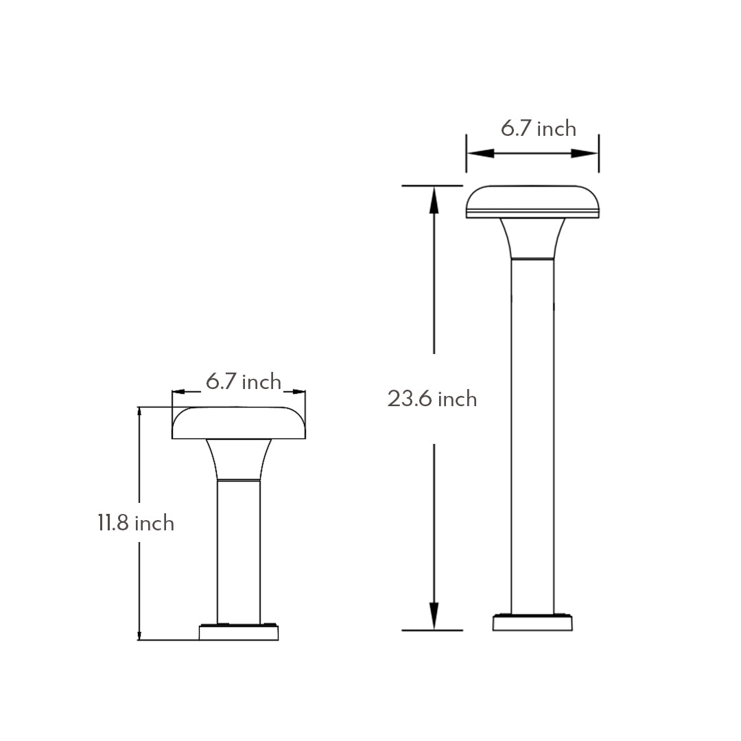 Technical schematic showing dimensions and profile view of mushroom-style outdoor light