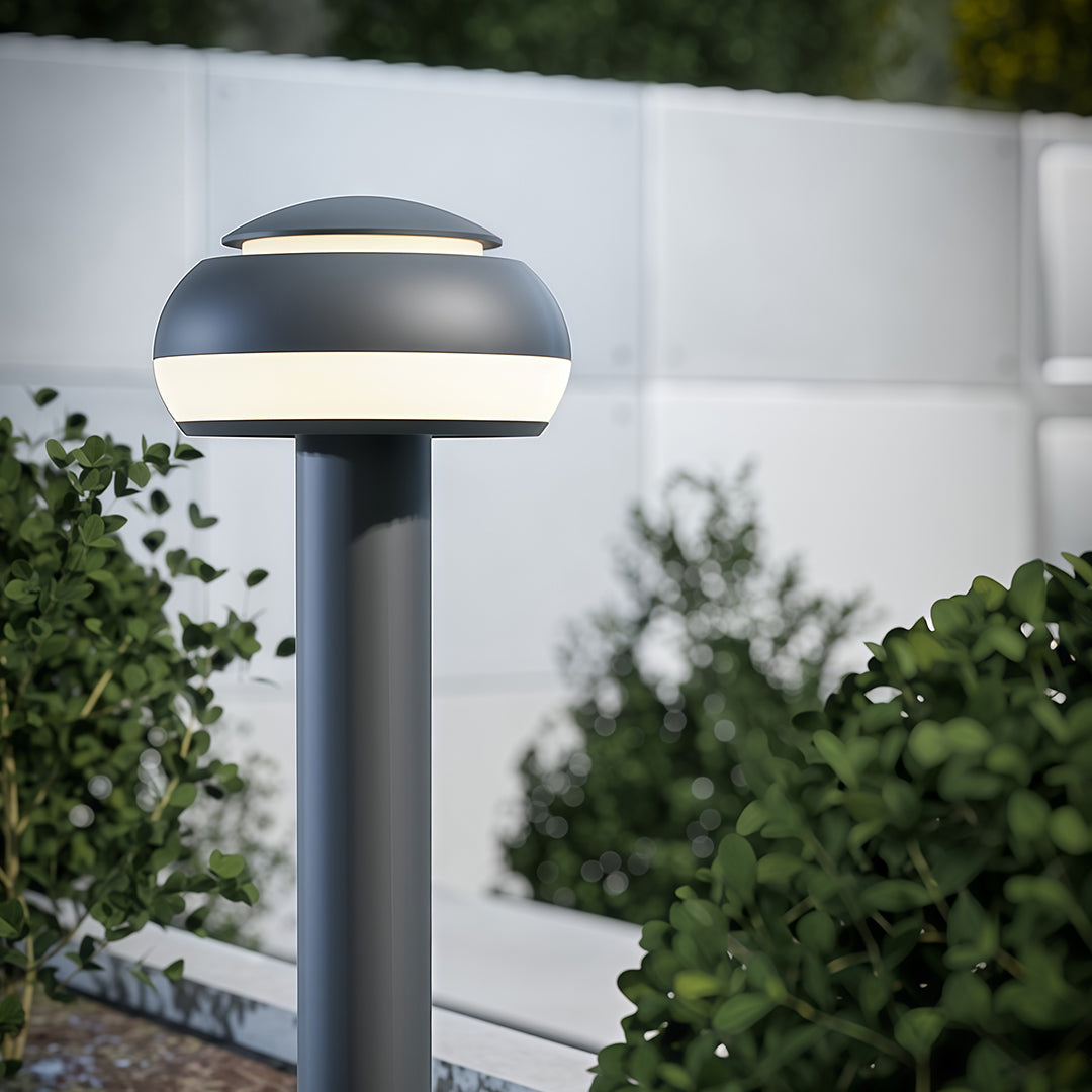 Mushroom path light in a garden with shrubs, adding a contemporary touch to the outdoor space.