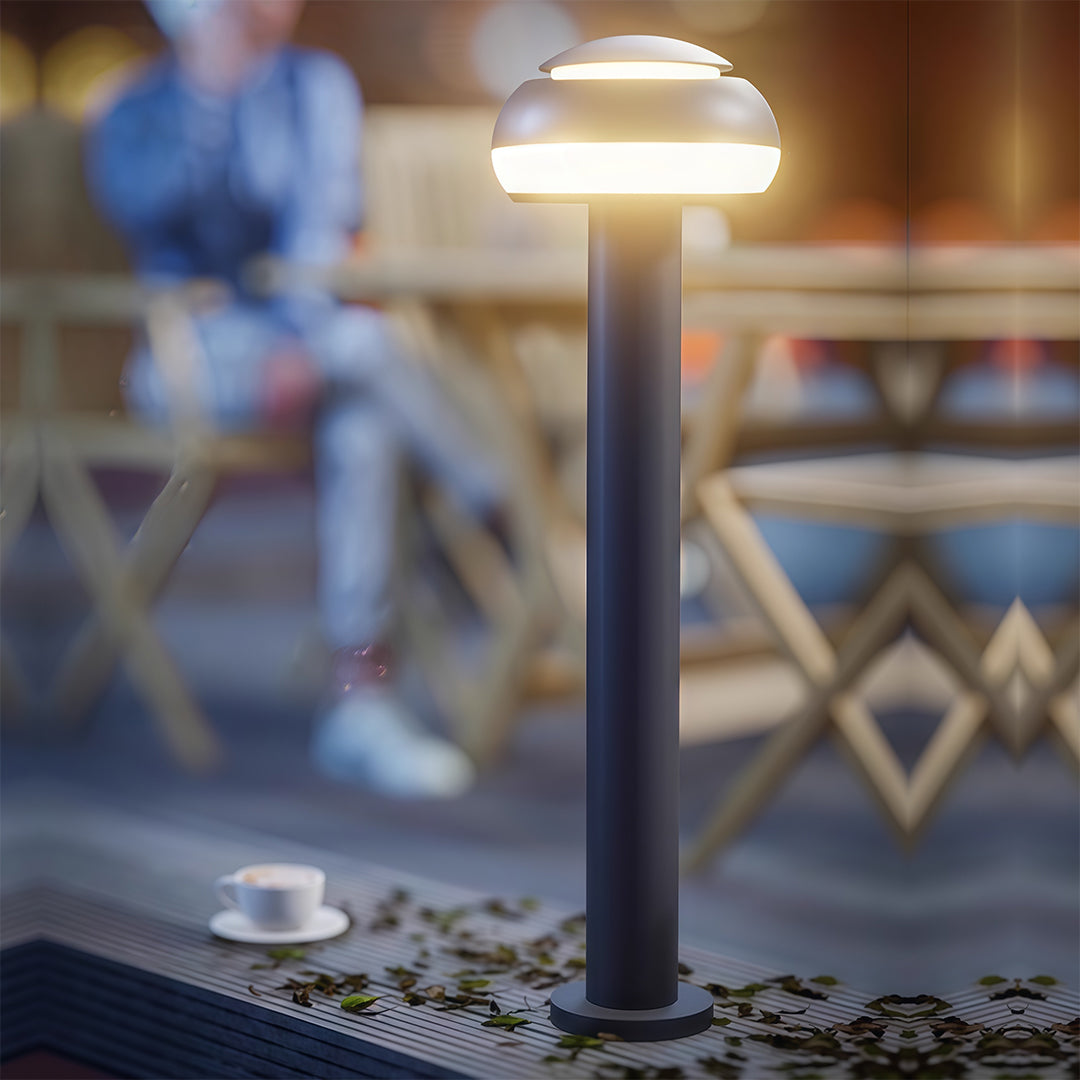 Mushroom path light in a garden with shrubs, adding a contemporary touch to the outdoor space.