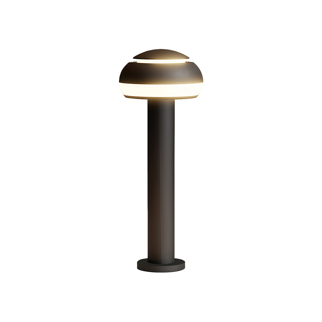 Mushroom path light featuring a minimalist metallic dome and a sturdy black base.