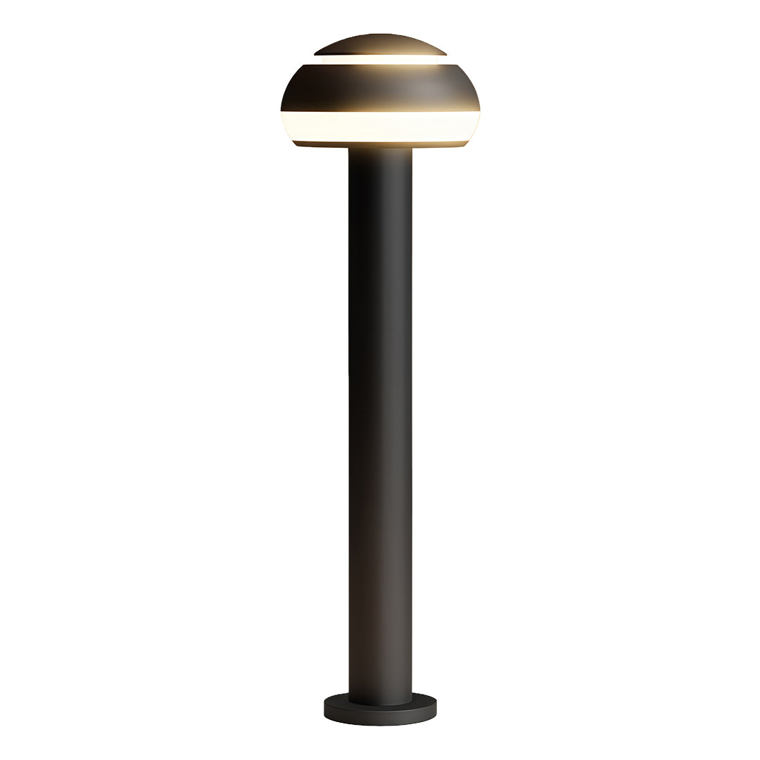 Mushroom path light with a tall black base and a metallic dome, ideal for landscape lighting.