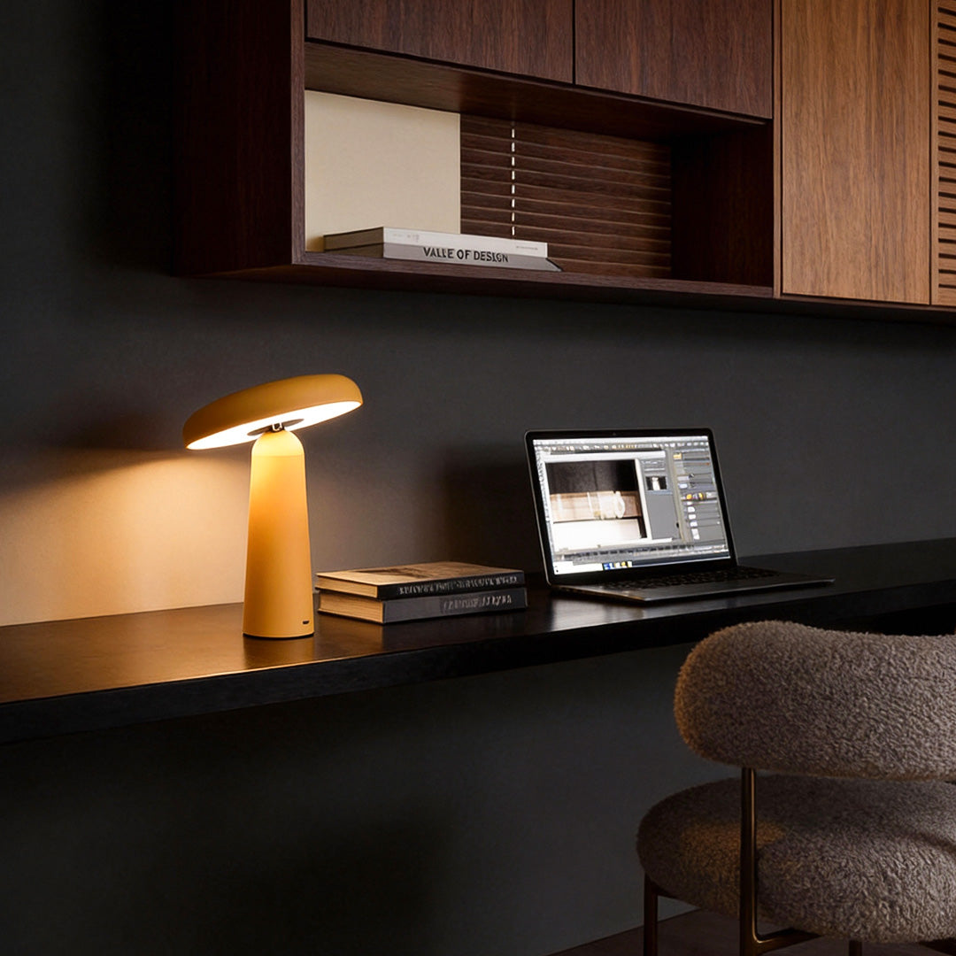 Elegant mushroom shaped table lamp in black, ideal for complementing minimalist and modern interiors.