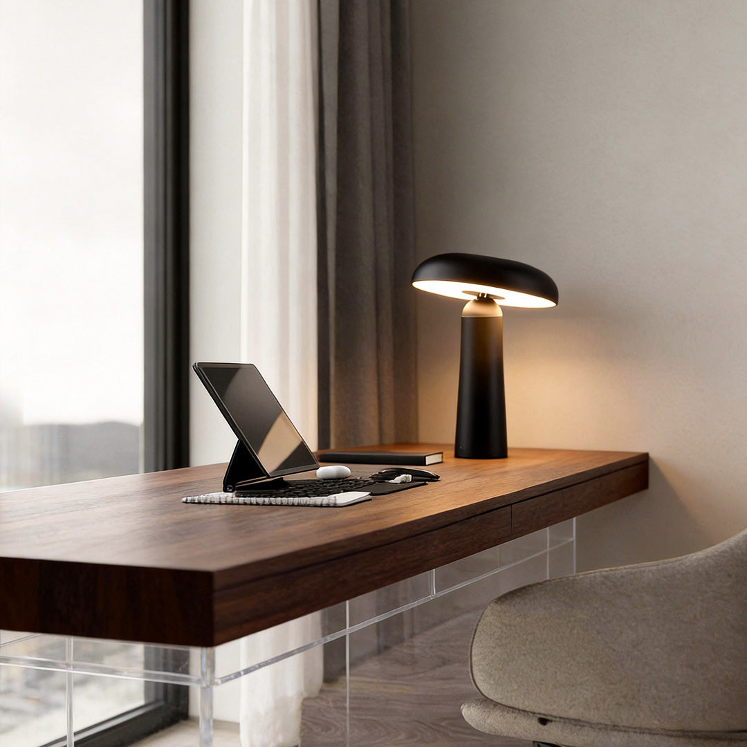 Stylish mushroom shaped table lamp in vibrant yellow, perfect for creating an inviting atmosphere in any room.