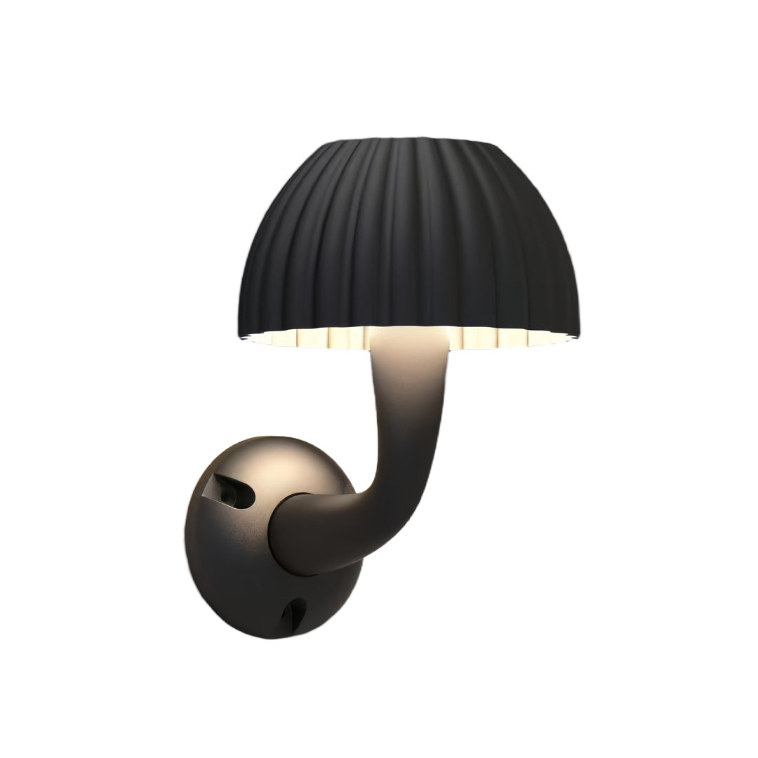 Black mushroom wall light with curved arm showcased against a white backdrop.