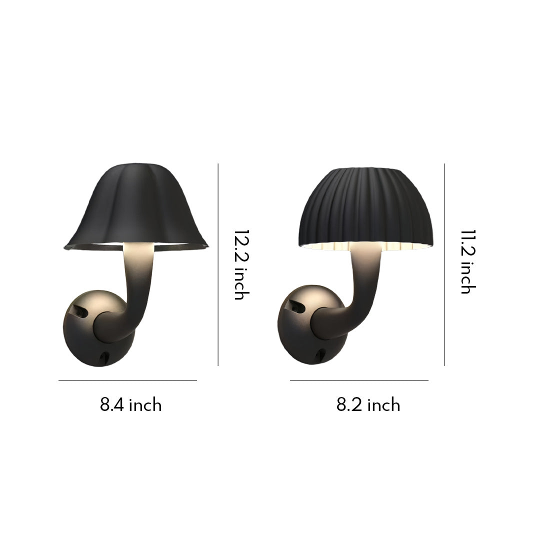 Two mushroom wall lights displayed on a white background, showing front and side product angles.