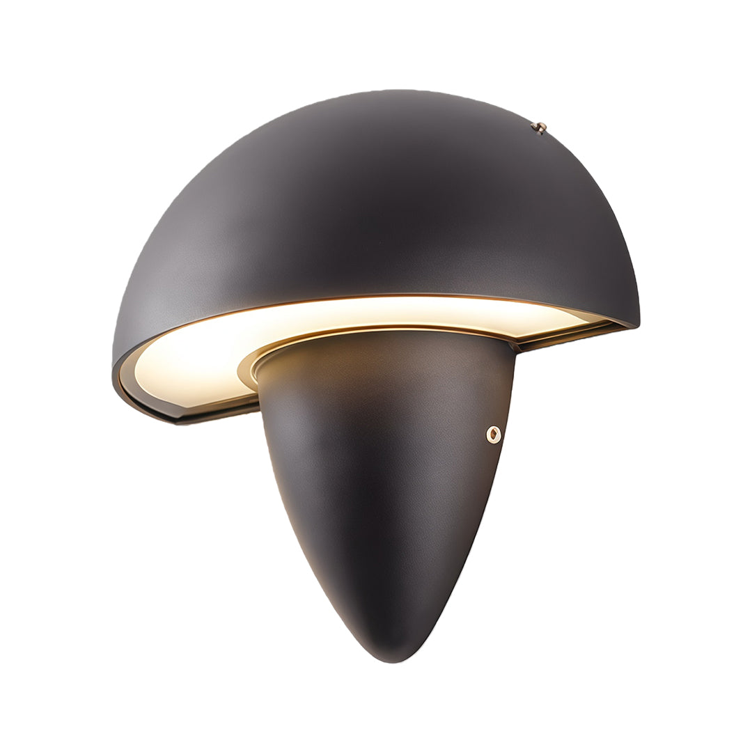 White mushroom wall light on a wooden door, enhancing the entryway with soft lighting and a contemporary design.